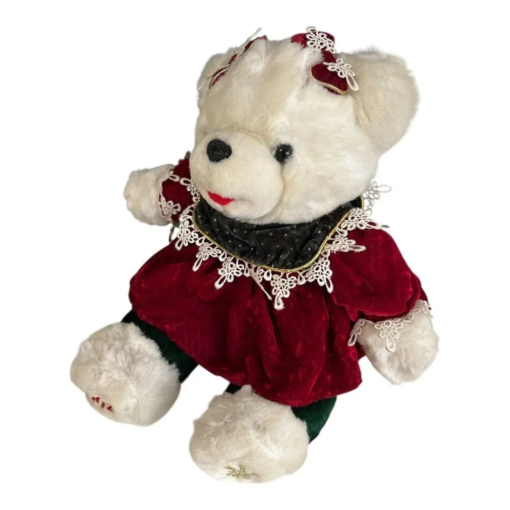 Dan Dee 2002 Christmas Teddy Bear Red Velvet Dress Holiday Plush 13 Inch